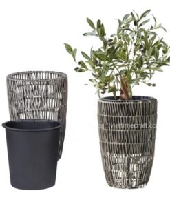 PE rattan planter, outdoor basket, synthetic rattan pot, garden planter, weather-resistant basket, balcony planter, home décor rattan basket, modern plant pot, woven outdoor decor, indoor/outdoor basket