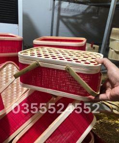 Hôp mành chữ nhật màu đỏ nắp hở bằng tre - TRE0056